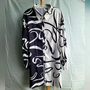 Shein Black and White Long Tunic Shirt  Dress Buttons 3XL